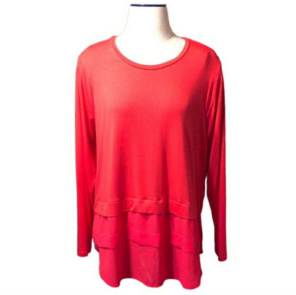MICHAEL Michael Kors Mixed Woven Knit Jersey Tiered Layered Hem Top. Siz…